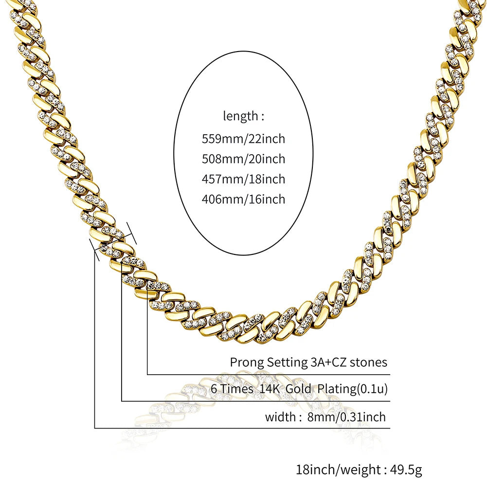 TOPGRILLZ 6MM/8MM Cuban Chain Necklace With Gold Plated Waterproof Iced Out Czechic Stone Hip Hop Fashion Jewelry For Men Women