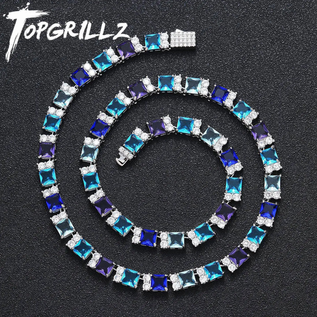 TOPGRILLZ Blue Zircon Tennis Chain Silver Plated Square Color CZ Iced Out Necklace Bracelet Box Clasp Hip Hop Jewelry Men Women