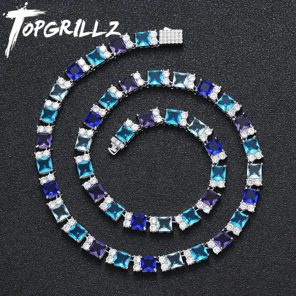 TOPGRILLZ Blue Zircon Tennis Chain Silver Plated Square Color CZ Iced Out Necklace Bracelet Box Clasp Hip Hop Jewelry Men Women
