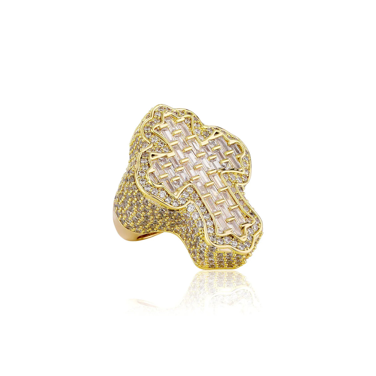 TOPGRILLZ Baguette Iced Out Bling CZ Cross Ring Gold Plated Prong Setting Cubic Zirconia Big Rings Hip Hop Luxulry Jewelry