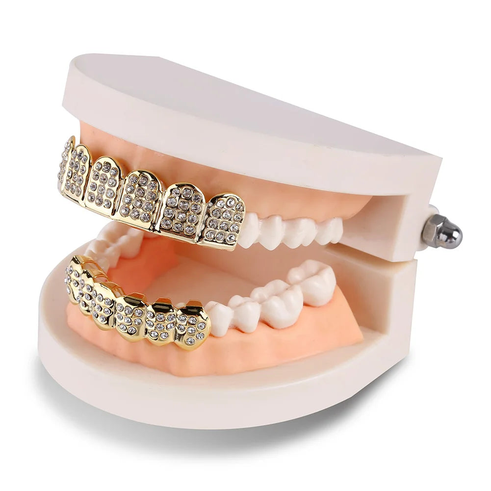 TOPGRILLZ Iced Out Full CZ Stones Teeth Grillz Fashion 5A+ Cubic Zircon 6 Top&6 Bottom Tooth Caps For Men Women Dental Grills