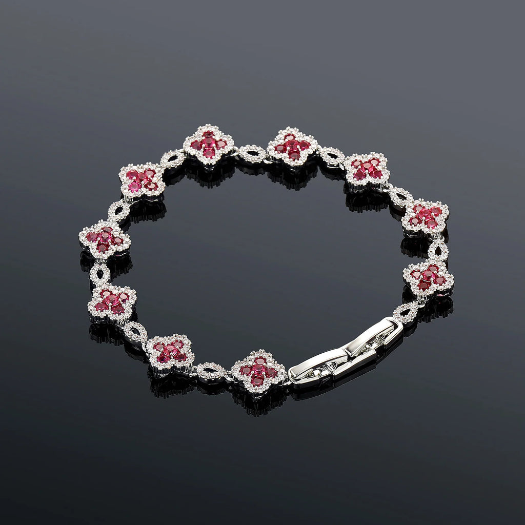 TOPGRILLZ French Luxury Platinum Plated Copper Y2K Four Leaf Clover Bracelet Wine Red CZ HipHop Jewelry Party Gift For Men&Women