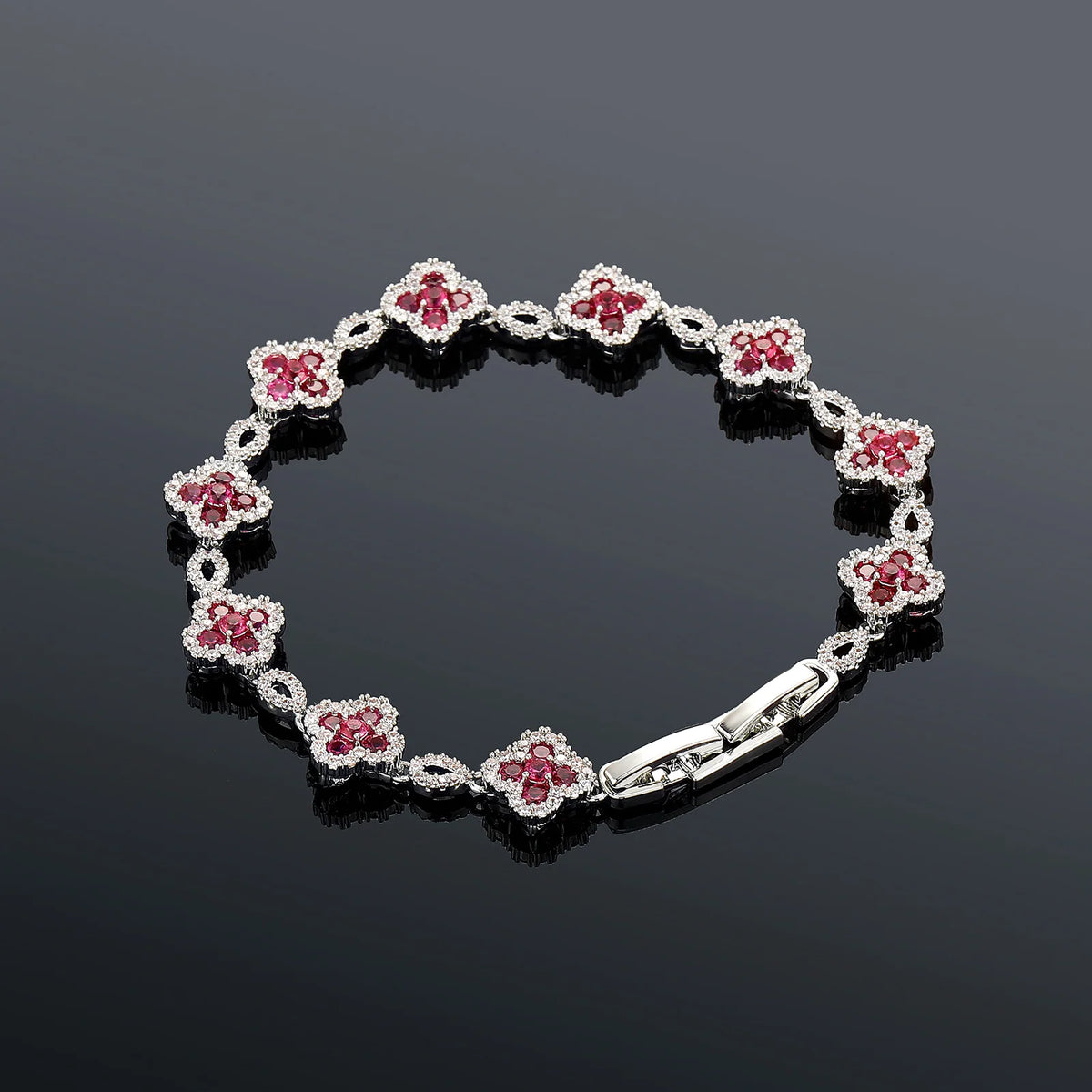 TOPGRILLZ French Luxury Platinum Plated Copper Y2K Four Leaf Clover Bracelet Wine Red CZ HipHop Jewelry Party Gift For Men&Women