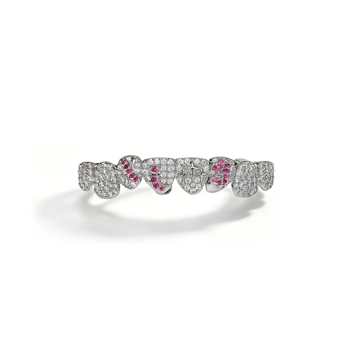TOPGRILLZ White & Pink CZ Heart Cross Star Micro Pave Fang Grillz Set Gold Plated Top Bottom 8 Teeth Y2K Sweet Hip Hop Jewelry