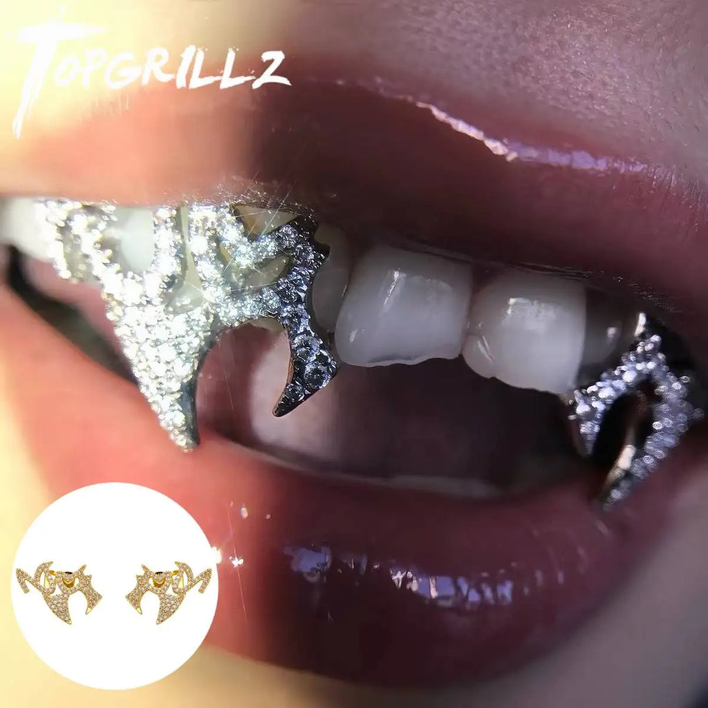 TOPGRILLZ Helloween Gothic Spike Iced Out Grillz Set Double Tooth Full CZ Paved Y2K Hip Hop Vampire Fang Teeth Jewelry Men Women