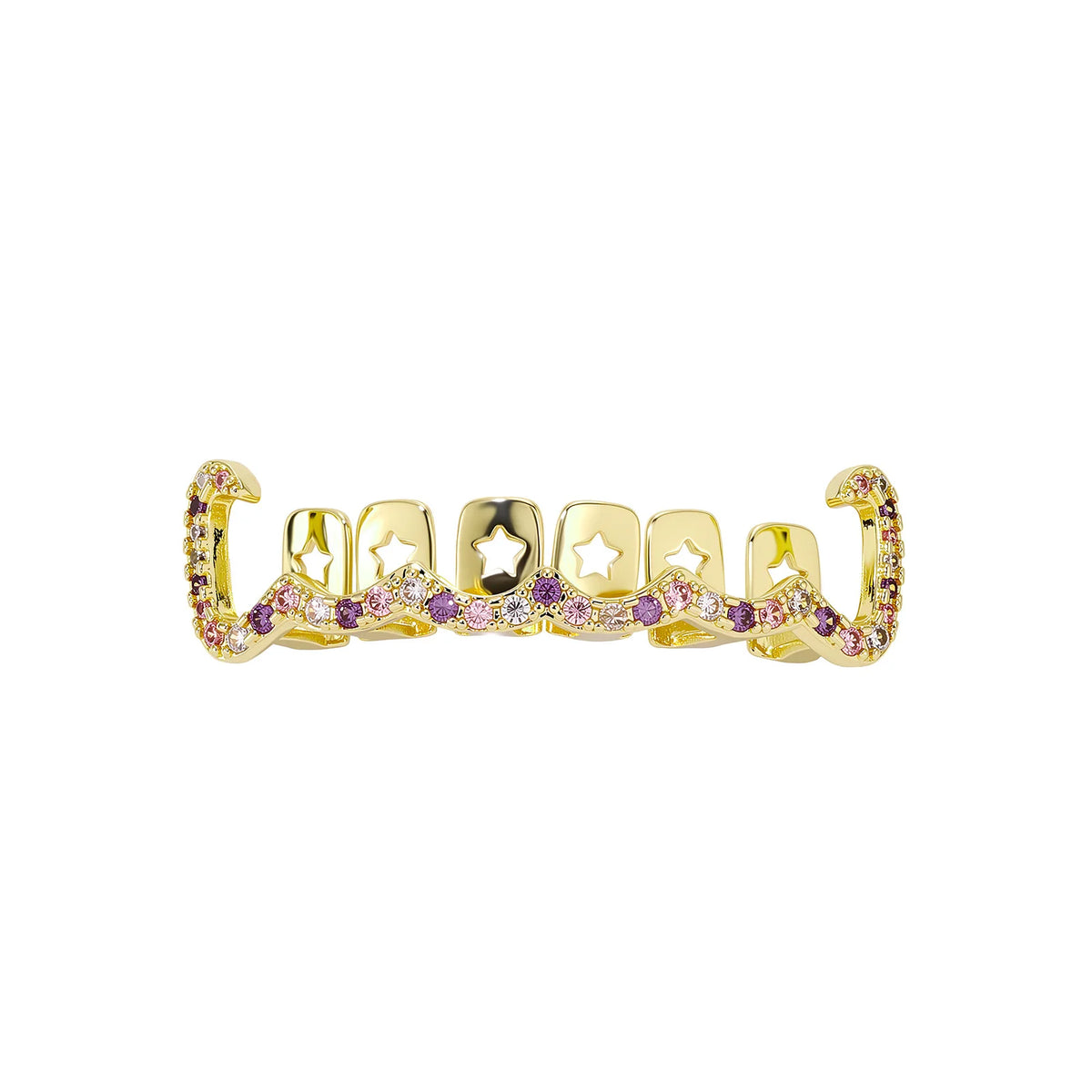 TOPGRILLZ Y2K Sweet Cool Grillz Pink Purple CZ Gold Plated Fang and Wavy Bar Set Women Men Couple Teeth Jewelry