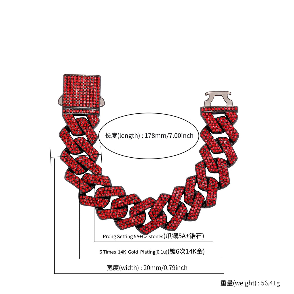 TOPGRILLZ 20MM Full Black Red Iced Out Miami Cuban Link Alloy Rhinestone Bracelet Necklace Hip Hop Jewelry Men Women