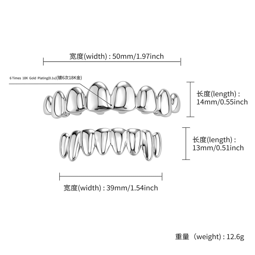 TOPGRILLZ 8 Top 8 Bottom Grillz Set No Stone Mirror Polished Realistic Teeth Outline Hip Hop Decorative Tooth Jewelry Men Women
