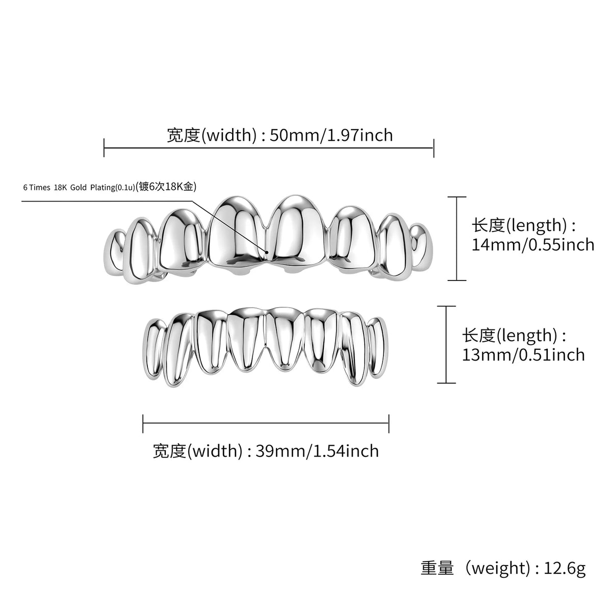 TOPGRILLZ 8 Top 8 Bottom Grillz Set No Stone Mirror Polished Realistic Teeth Outline Hip Hop Decorative Tooth Jewelry Men Women