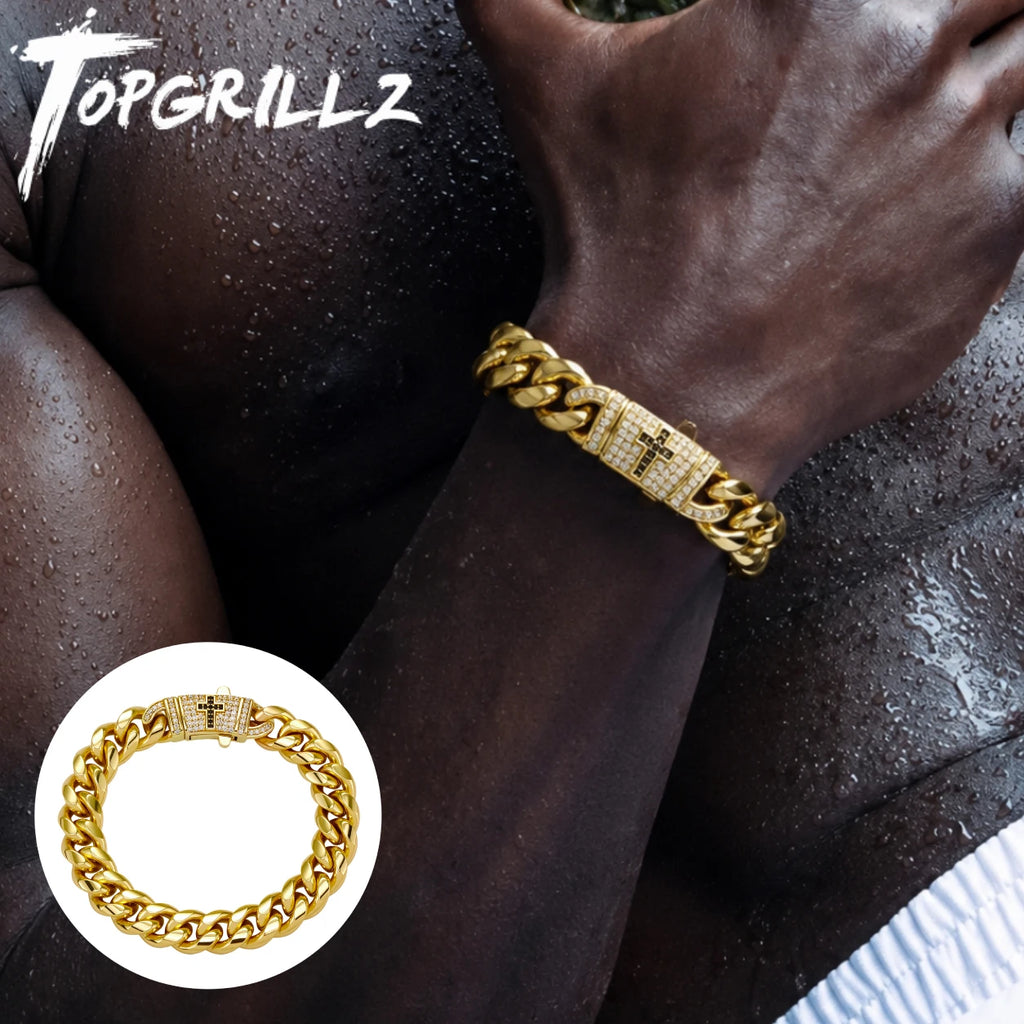 TOPGRILLZ Mens Streetwear Jewelry Gold Plated Copper Cuban Link Bracelet Black Cross Clasp Iced Out Gift For Men&Women