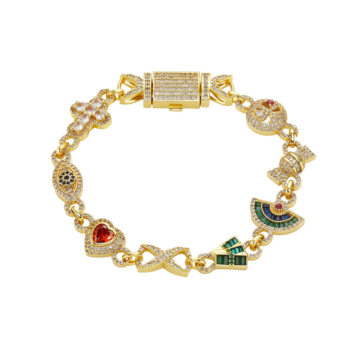 TOPGRILLZ Womens Streetwear Jewelry Gold Plated Flower Evil Eye Heart Charms Cross Bracelet Micro Pave Bling Gift For Men