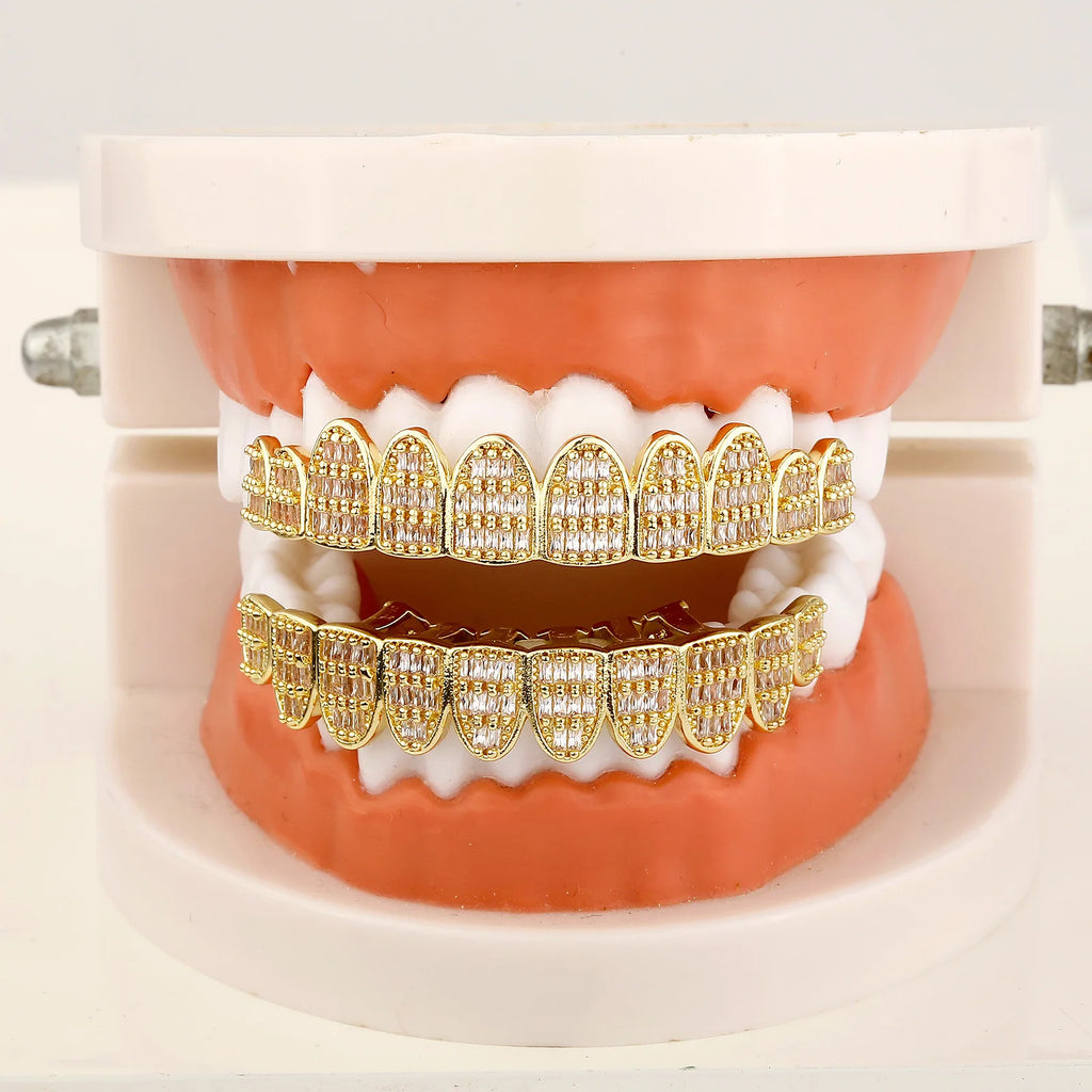 TOPGRILLZ 10/10 Iced Out Square Cubic Zircon Tooth Caps Hip Hop Full CZ Stone Teeth Grillz For Women Men Jewelry Dental Grills
