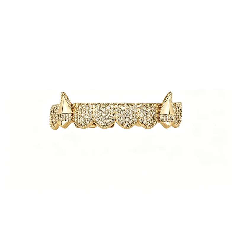 TOPGRILLZ Iced Out 5A+ CZ Teeth Set 8 Top& 8 Bottom Mouth Gold Silver Color Tooth Caps Removable Dental Grills For Halloween